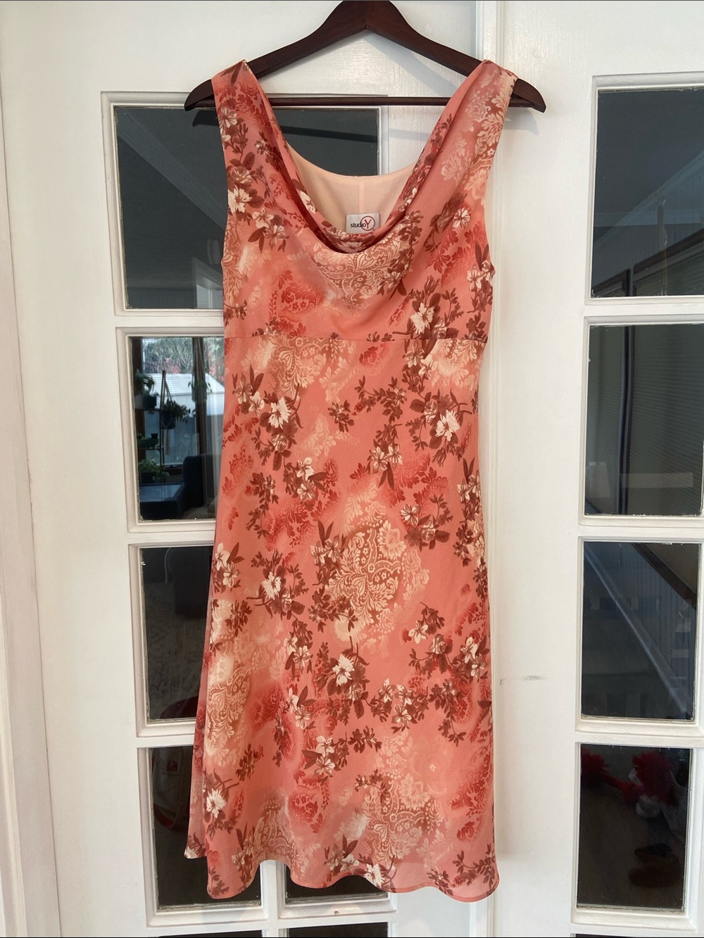 Vintage Y2K Studio Y Pink and Brown Floral Cowl-Neck Midi Dress